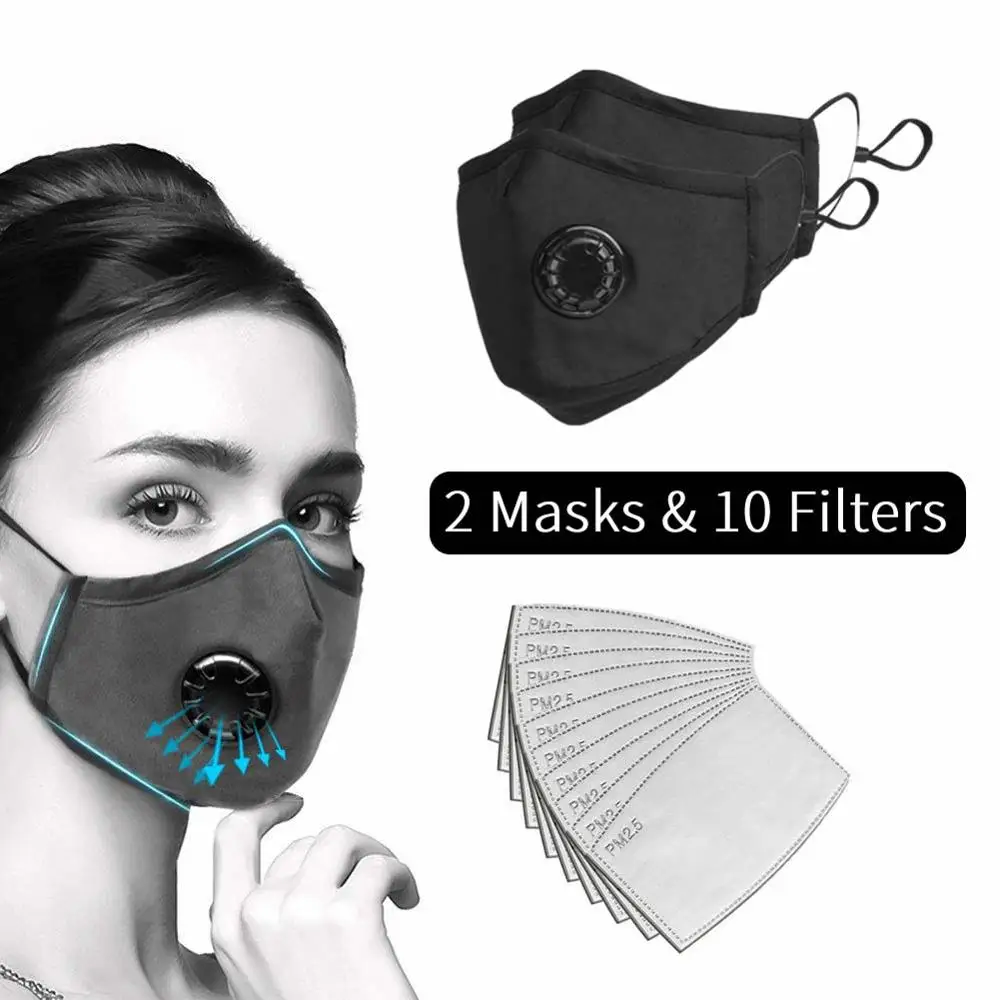 

2PCS Valve Masks with 10PCS PM2.5 Activated Carbon Filters Face Mask Cotton Washable Respirator Breathing Black Mask