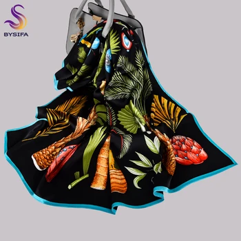 

BYSIFA|Winter Pure Silk Ladies Scarf Hijab Fashion Scarves Olive Tree Design Square Scarves Shawls 90*90cm Black Head Scarf Cape