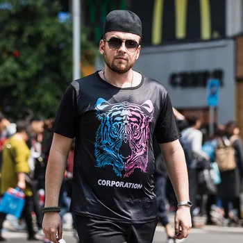 

GONTHWID Summer New Large Size Men's Fat T-shirt Short Sleeve Loose Casual Tiger Head Print Half Sleeve