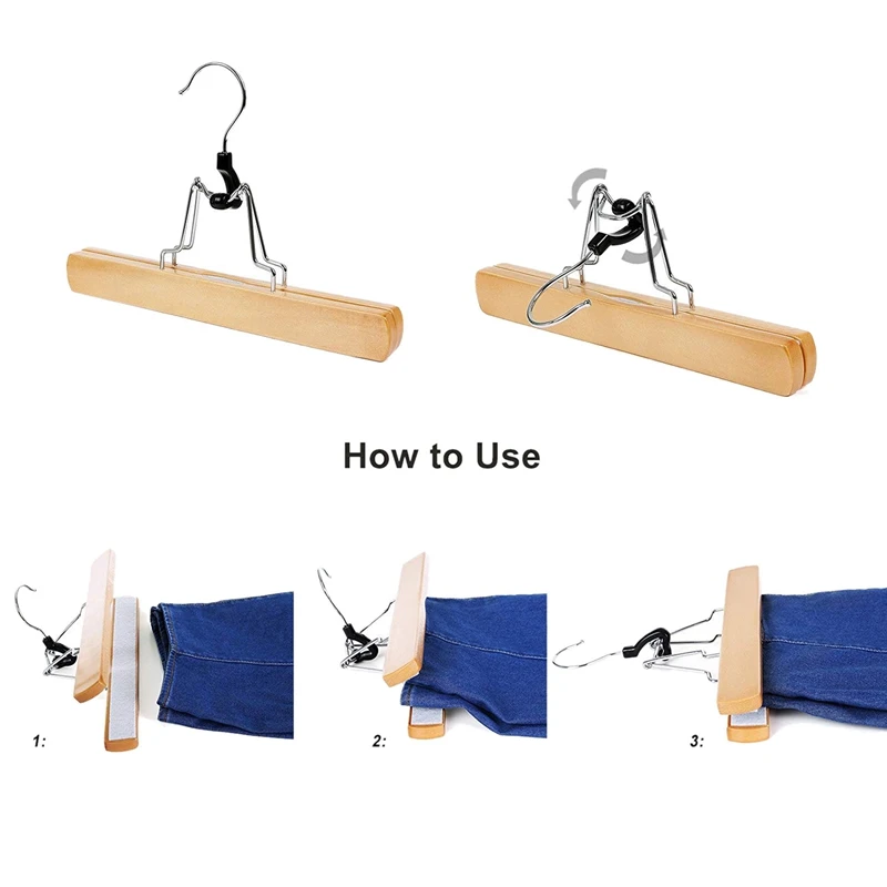 12 Pack Pants Hangers,Solid Wood Hanger Anti-Slip Felt 360 Degree Rotatable Hook Trouser Clamp Hanger