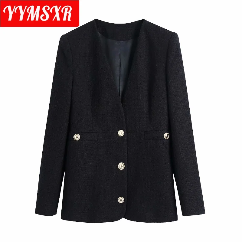 New Women's Jackets for Autumn and Winter 2021 Temperament V-neck Black Suit Top Elegant Solid Color All-match Clothes Female | Женская