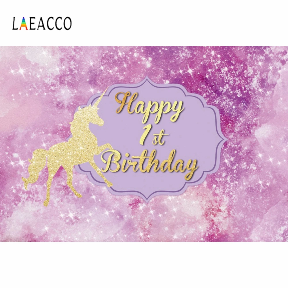 

Laeacco 1st Birthday Golden Unicorn Glitter Gradient Pink Photo Background Customized Photocall Photography Backdrop Studio