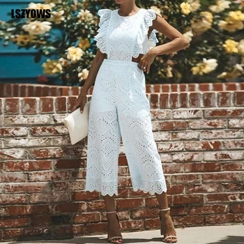 

Elegant Lace Jumpsuits Ruffles Sleeve Summer White Rompers Womens Jumpsuit Casual Ladies Work Party Playsuit Hollow Out Overalls