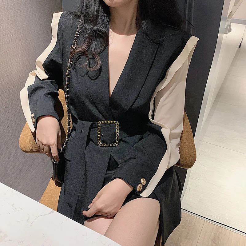 

Sense of Design Black And White with Pattern Suit Jacket Women's 2019 New Style Elegant Fashion Bandage Cloth Loose-Fit Contrast