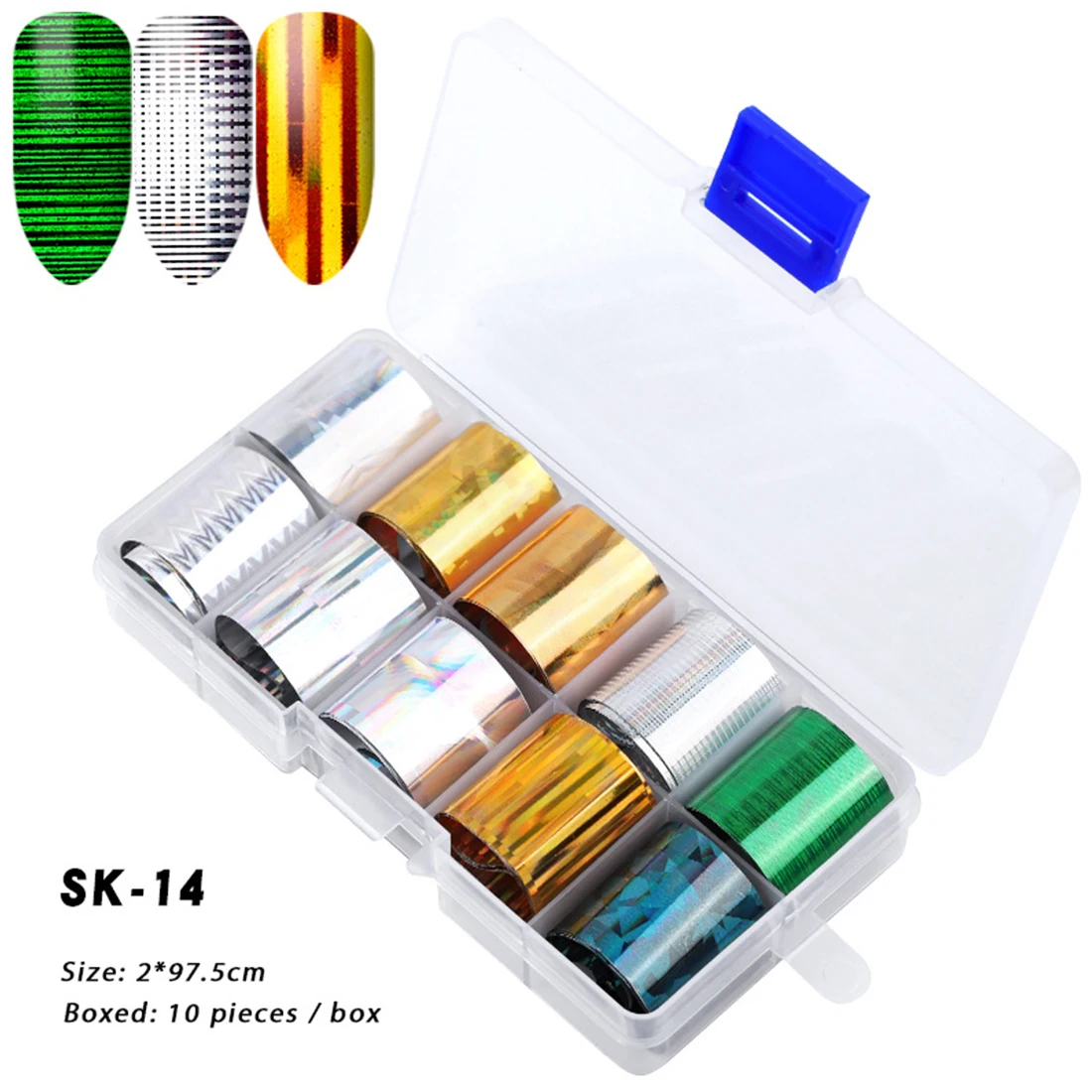 10Pcs Holographic Nail Foil Set Transparent AB Color Transfer Sticker Decorations Mix Designs Manicure Nail Art Decals - Цвет: SK-14