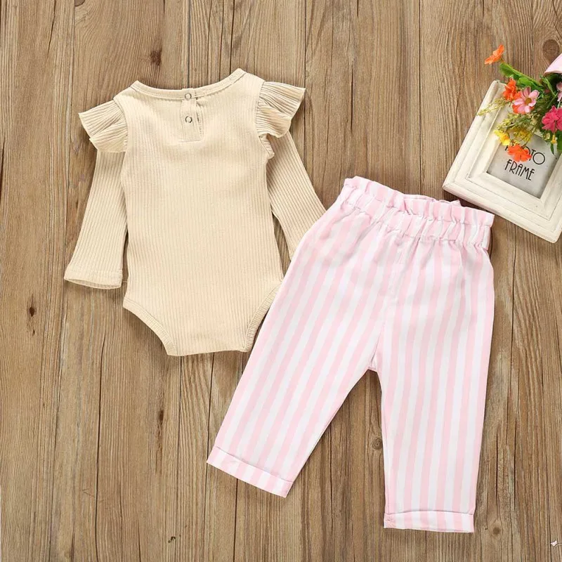 Spring Autumn Infant Baby Girls Cotton Long Sleeve Romper Sets Solid Color Comfortable Romper+Striped Printed Trousers New Sets