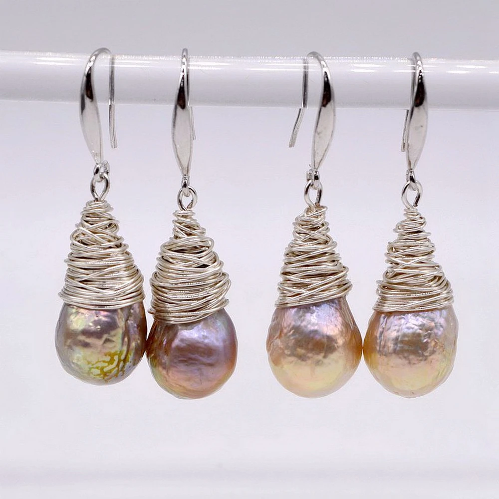 Rainbow Pearl Earrings Natural Color Natural Pearl 925 Sterling Silver Earrings Handmade Baroque Pearl Pendants Women's Earrings