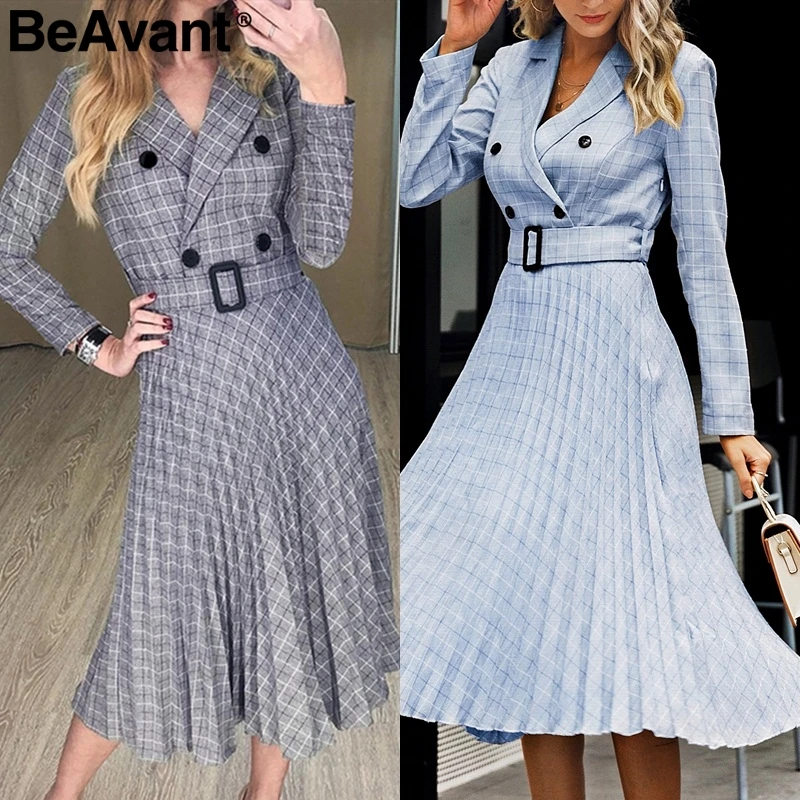 BeAvant V-образным вырезом на пуговицах ремень женское платье Элегантный блейзер плиссированные A-Line офисные женские платья с длинным рукавом осень