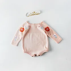 Kids Baby Knitted Bodysuits Autumn Long Sleeve Floral Knitting Clothes for Infants and Children 2021 Girls Rompers