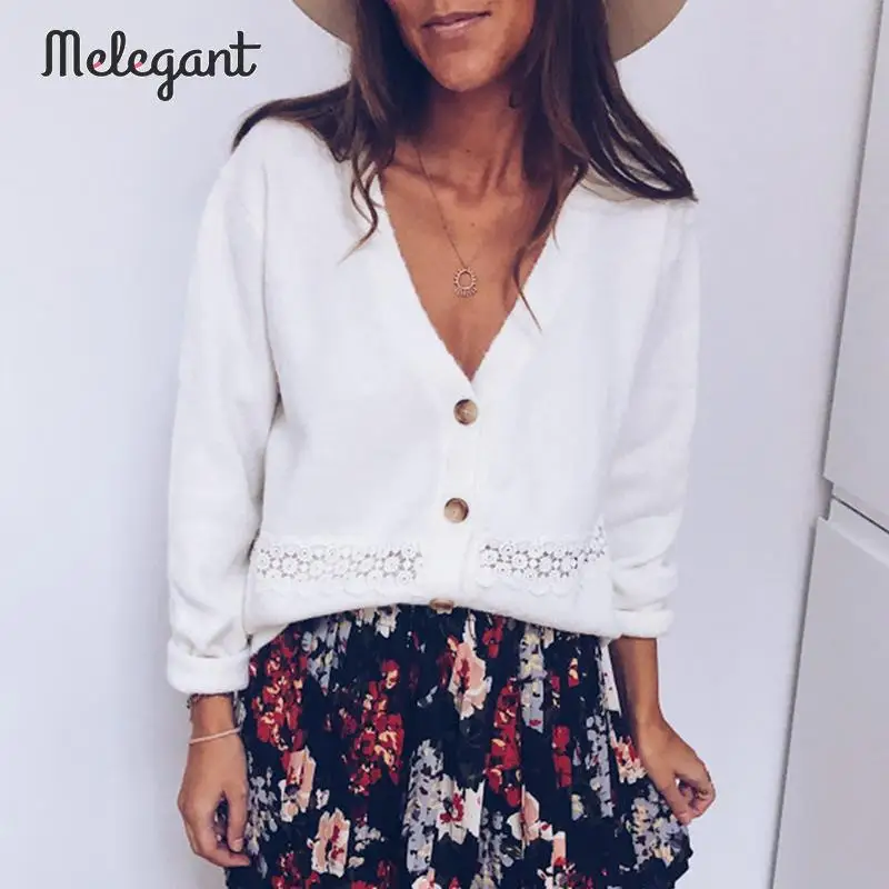 Melegant button knitted patchwork white sweater cardigans women lace sweaters winter fall cardigan knitwear |