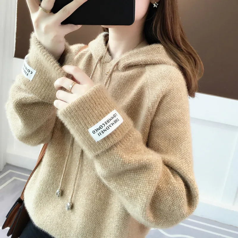 DANJEANER Korean Style Women Sweaters and Pullovers Spring Long Sleeve Streetwear Knitted Hooded Tops Solid Casual Sweaters DANJEANER Korean Style Women Sweaters and Pullovers Spring Long Sleeve Streetwear Knitted Hooded Tops Solid Casual Sweaters