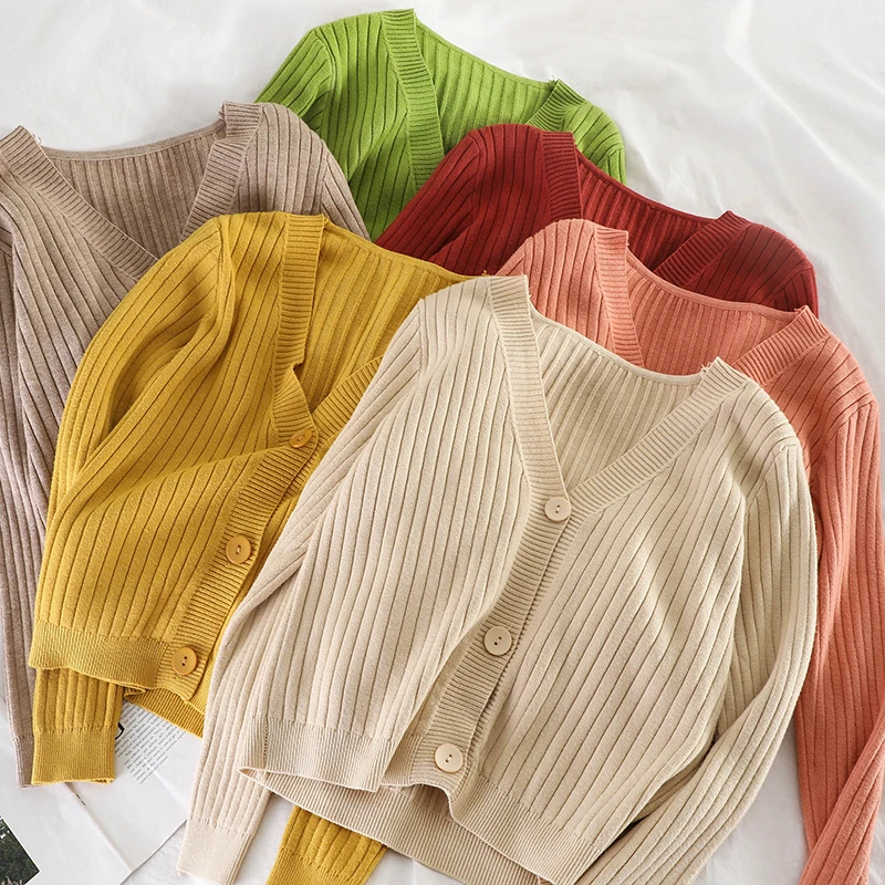 Short Cardigan Women V-Neck Knitted Sweater Coat Long Sleeve Tops Single Breasted with Three Buttons Casual Cardigans
