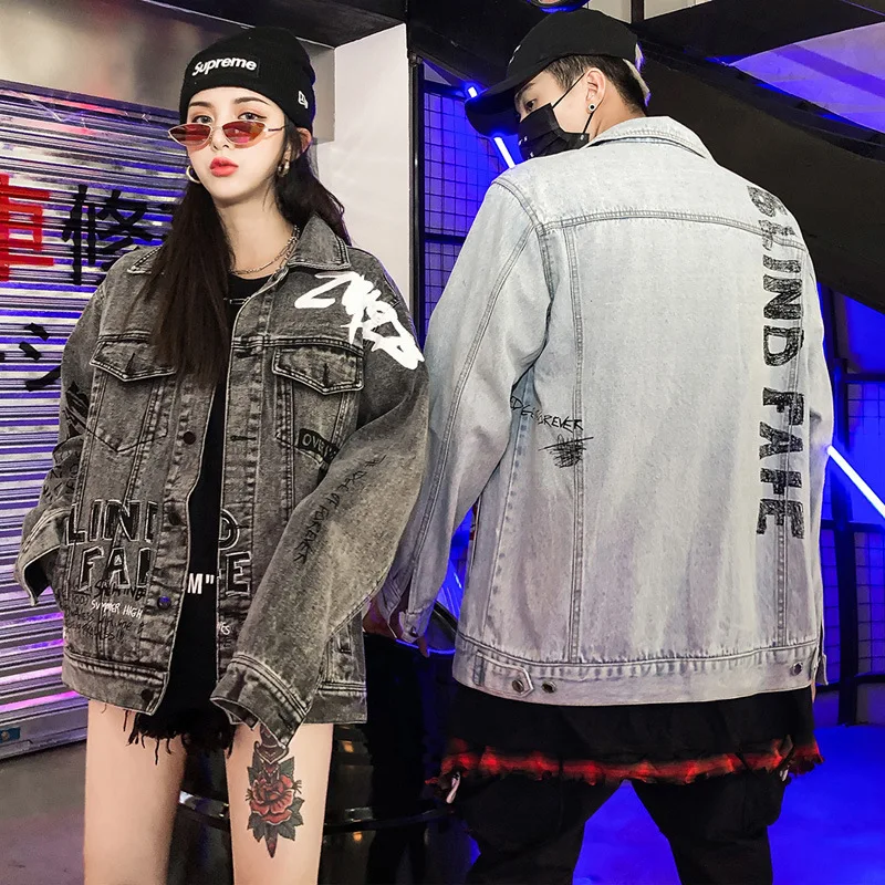 BF Harajuku граффити джинсовая куртка весна осень Винтаж Пара куртка для мужчин и женщин с буквенным принтом свободные хип-хоп джинсы джинсовая куртка