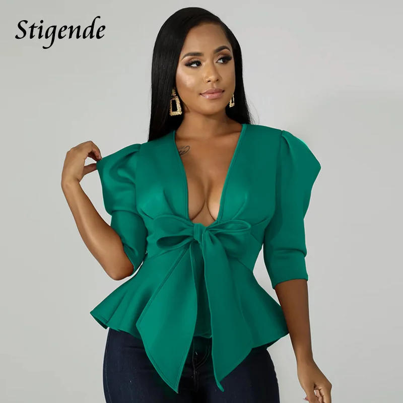 Stigende Half Sleeve Sexy Deep V Neck Bow Blouse Women Summer Casual Solid Color Ruffle Blouse Elegant Bandage Crop Blouse Top