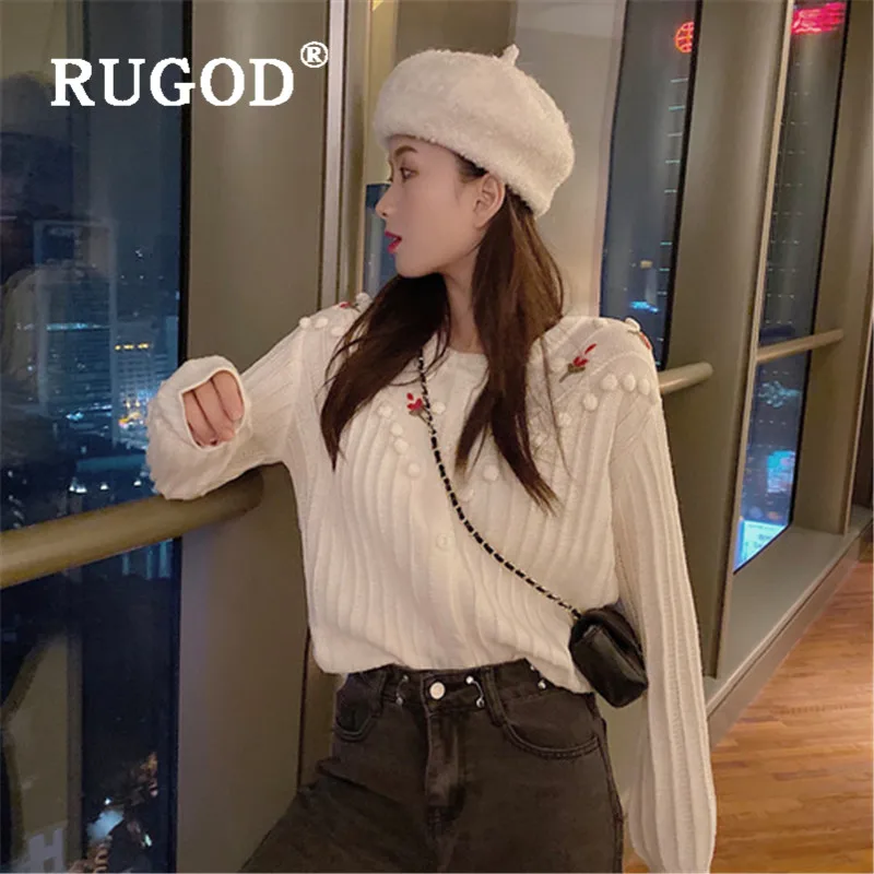 RUGOD корейский стиль длинный рукав вязаный кардиган с цветочной вышивкой свитер женская зимняя одежда женская осень