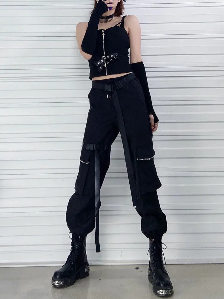 Description Picture 3 of itemQWEEK Techwear Gothic Black Cargo Pants Women Mall Goth Streetwear Joggers Oversized Pockets Loose Trousers For Female Punk Kpop