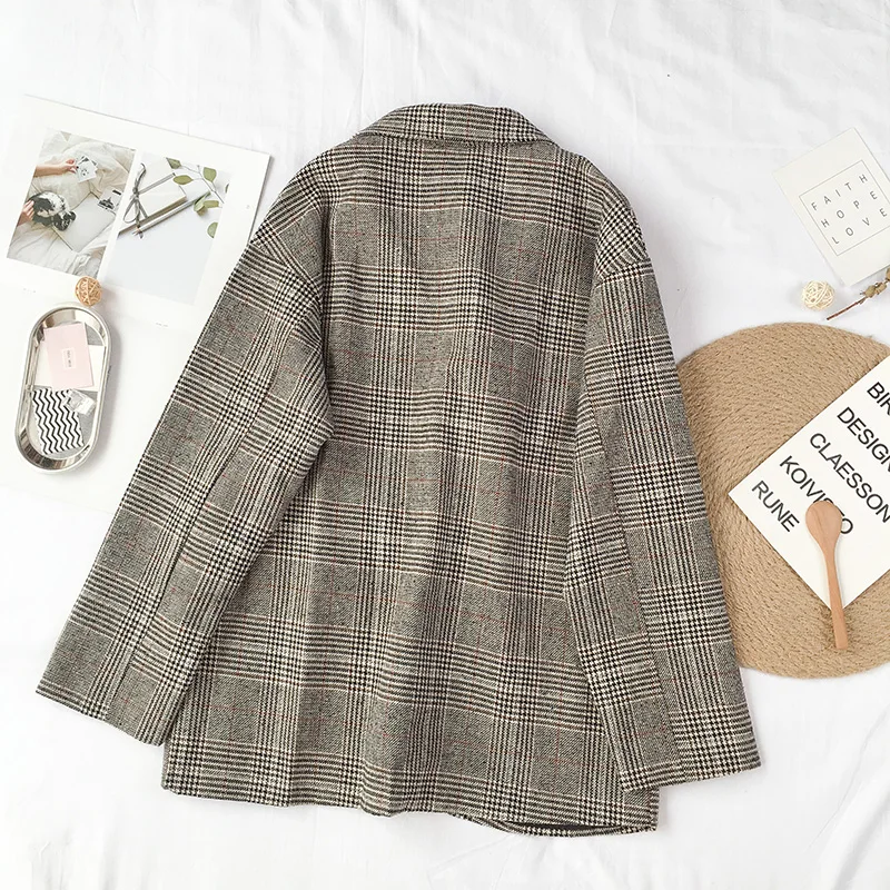 Spring Simple Vintage Plaid Woolen Coat Women Fashion Art Style Loose Notched Two Button Female Jackets All Match Casual Clothes