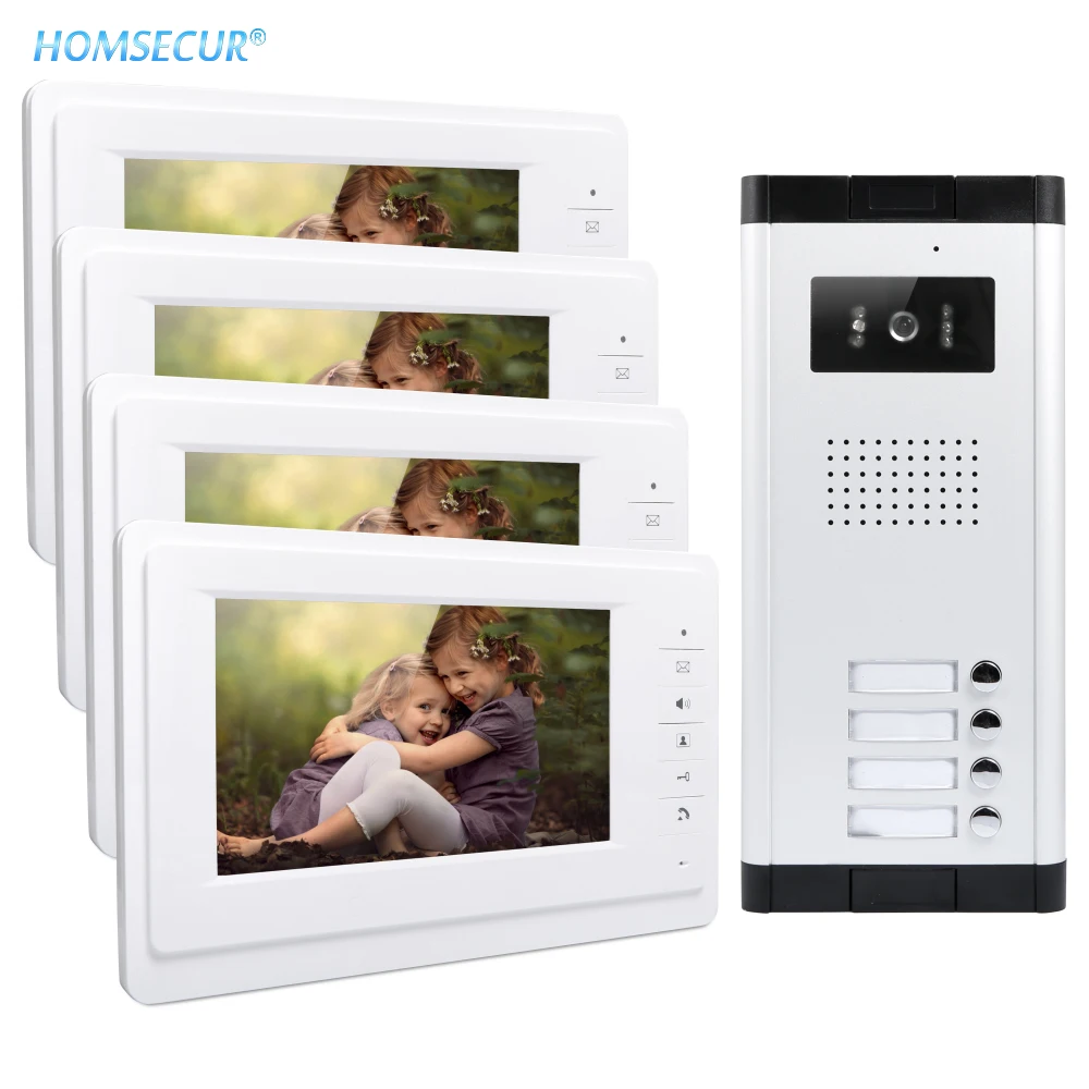 HOMSECUR 7\ 4 Wire Hands-free Video Door Intercom System With Night Vision Camera 700TVL For 4 Houses/Apartments XC061-4+XM701