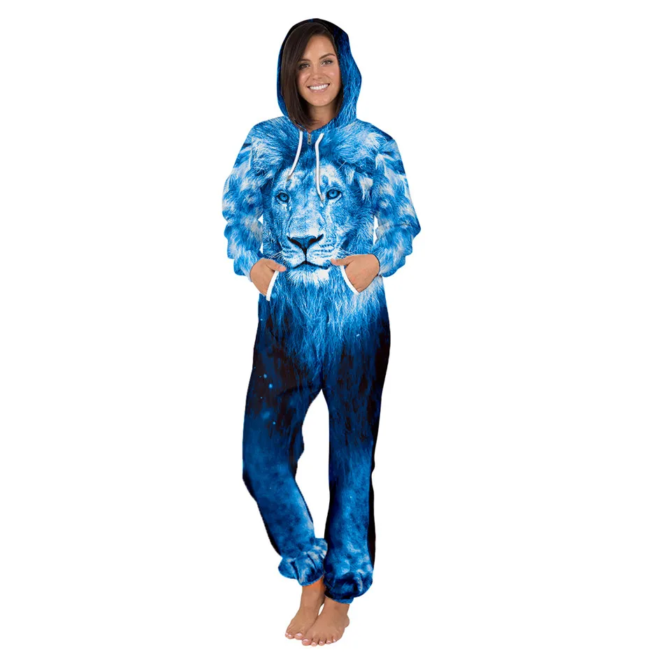Women Blue Galaxy Lion Print Winter Sloth Animal Hooded Sleepwear Loose Full Length Zipper Open Onepiece for Adults Jumpsuits