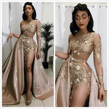 Aso Ebi, арабское сексуальное просвечивающее платье для выпускного вечера, кружевное, расшитое бисером, прозрачное, с длинным рукавом, вечерние платья с высоким разрезом, вечерние платья