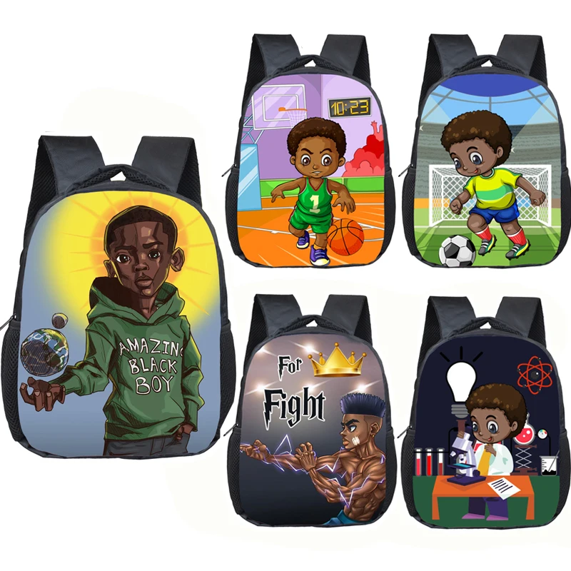 Print Backpack Toddler Bag School-Bags Kids Bookbag Afro Brown Children Cartoon Black