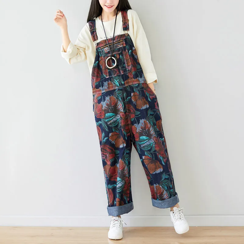 Denim Jumpsuit Women Plus Size Loose Casual Baggy Wide Leg Jeans Pants with Adjustable Straps Full Length Print Pockets Overalls