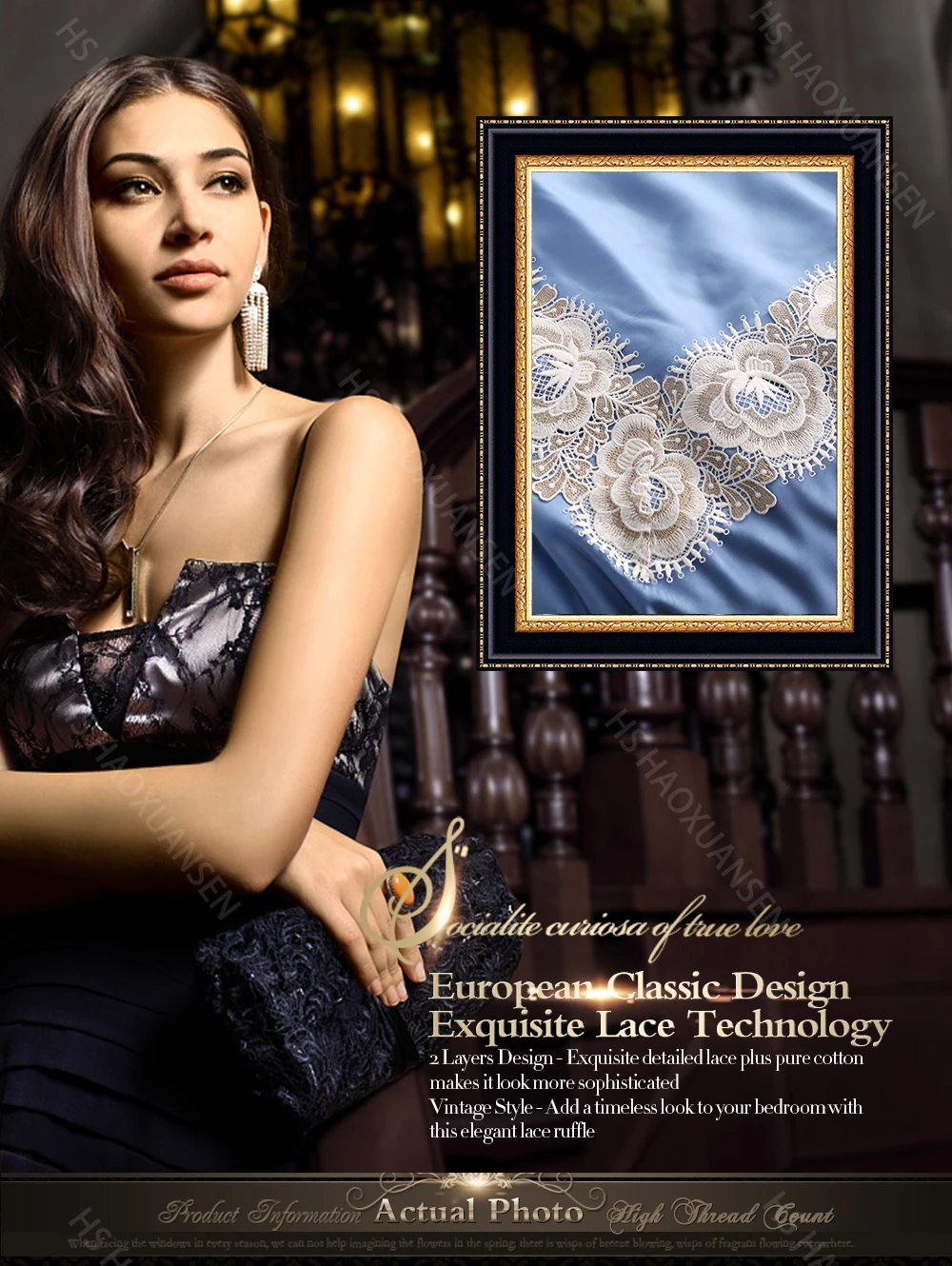 Luxury Lace Tencel Lyocell Blue Bedding Sets 4 Piece Natural Organic Silky Soft Princess Bedclothes Queen King Size Sheets