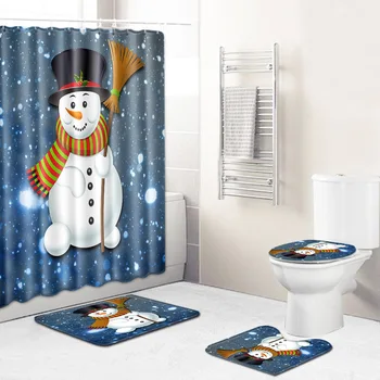 

Christmas Shower Curtain Mat Combination Four-Piece Set Bathroom Toilet Carpet Shower Room Mat Mat Cross-Border Hair