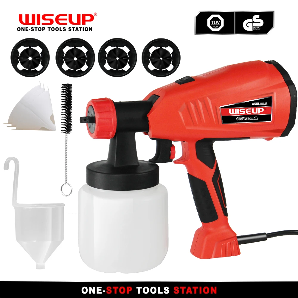 WISEUP Spray Gun HVLP Electric Paint Sprayer 800ml High Power Airbrush With 4 Nozzles Flow Control Easy Spraying Household Tools airbrush flow control great workmanship easy to remove package content paint sprayer nozzles for electric spraygun