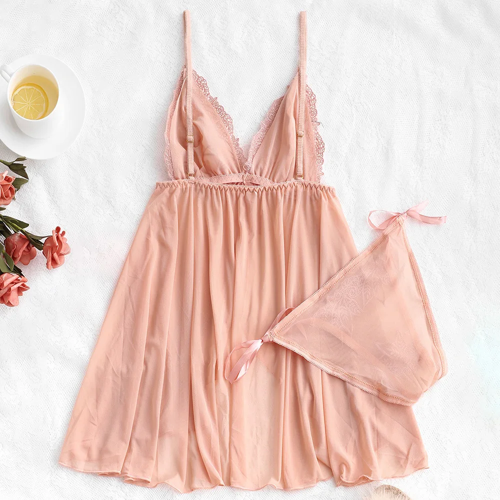 ZAFUL сетка лист вышитые нижнее белье с бантами Babydoll для женщин Спагетти ремень сексуальная пижама комплект пижамы Женская одежда для сна