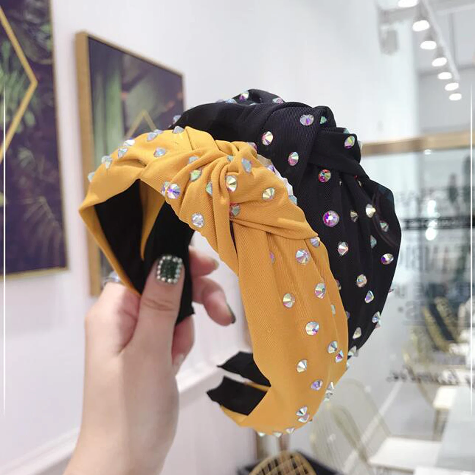 

New Fashion Solid Headband Rhinestone Hairband Girls Middle Knot Hair Band Adult Shining Classic Turban Hair Accessories