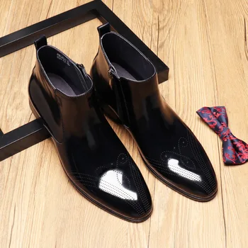 

Trend Men Leather Boots Work Genuine Leather Botas Work Shoes Cattle Patent Leather Male Hombre Black Brown Pointed Toe Ankle