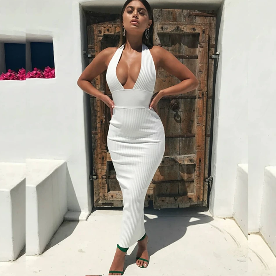 Летнее женское белое Бандажное платье Vestidos Verano, Новое сексуальное Клубное платье с открытой спиной и глубоким v-образным вырезом, вечерние платья знаменитостей