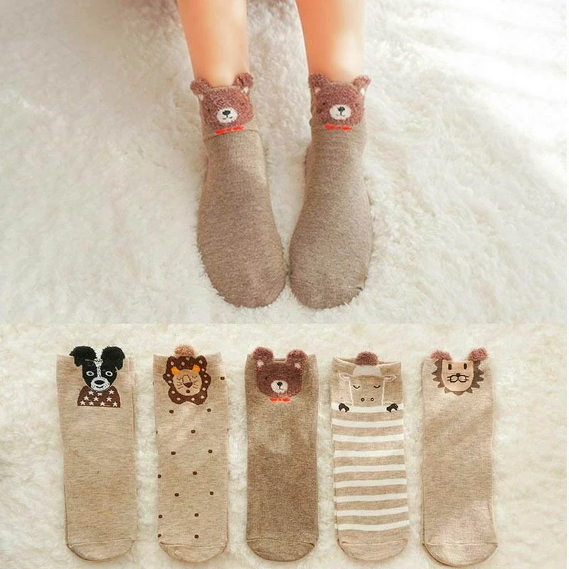 5 пар,, женские хлопковые носки Kawaii, белые, красные носки с принтом в форме сердца, короткие носки, повседневные носки с ушками животных и красным сердцем для девочек