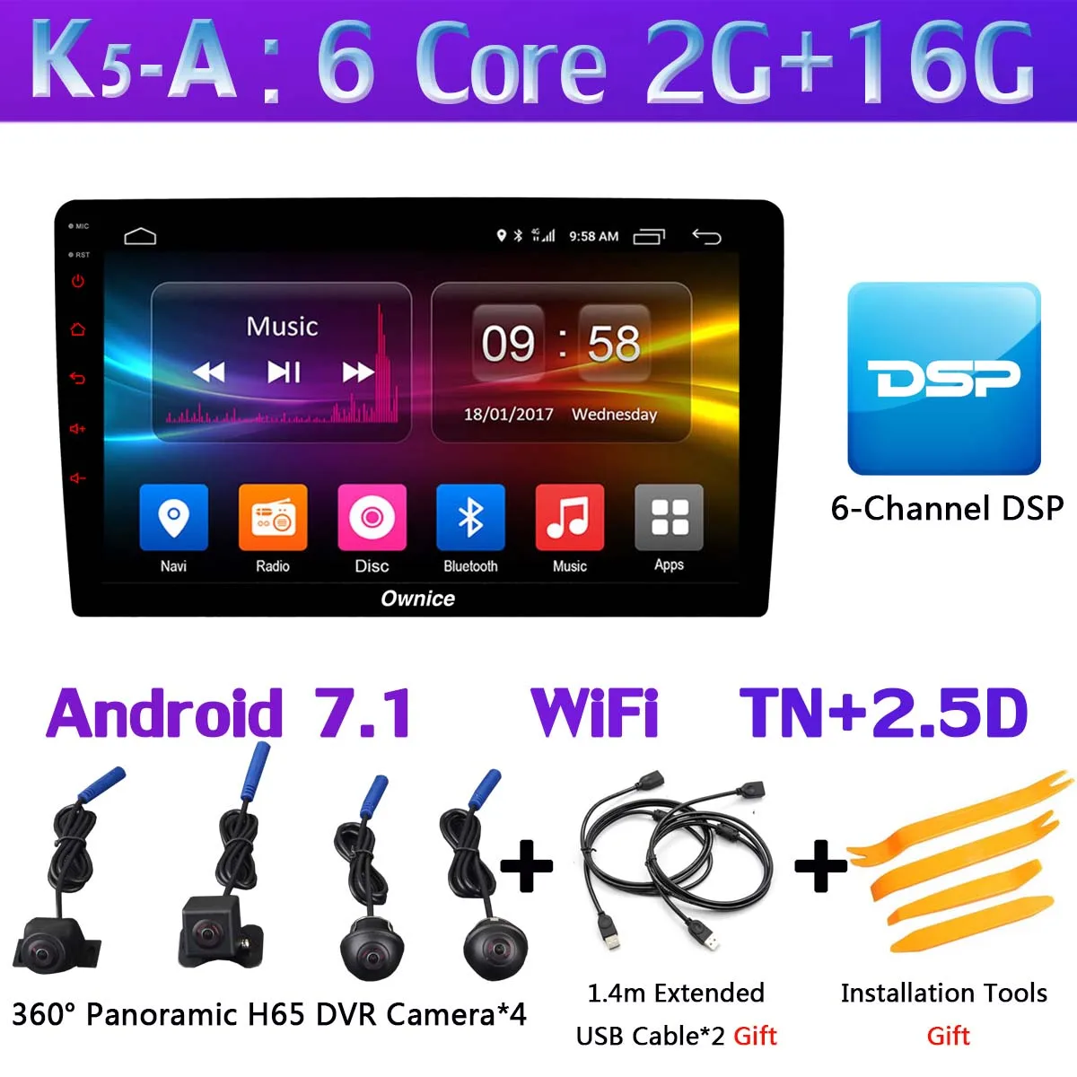 Ownice K5 360 ° панорамная система 4 × AHD DVR камера Android 7,1 6Core 2G+ 32G Автомобильный мультимедийный плеер Радио Стерео gps DSP CarPlay WiFi - Цвет: K5-A