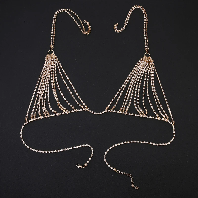 Sexy Body Chain Bikini Bra Chain Sparkling Rhinestone Harness Body Jewelry for Women Beach Breast Bra Crystal Bralette NL280