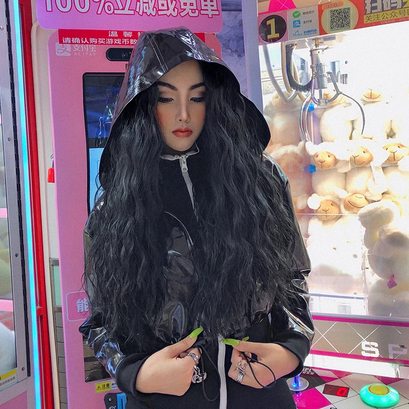 HEYounGIRL искусственная кожа байкерская куртка для женщин Панк Harajuku с капюшоном укороченный жакет с длинным рукавом черное пальто осень зима Готический