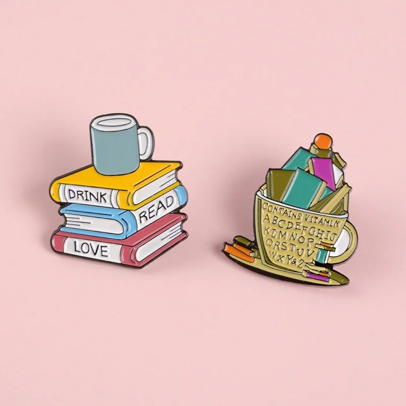 

Drink Read Love Enamel Pins Cartoon Cup And Books Brooches Book Lovers Bibliophile Bookworm Badges Lapel pins