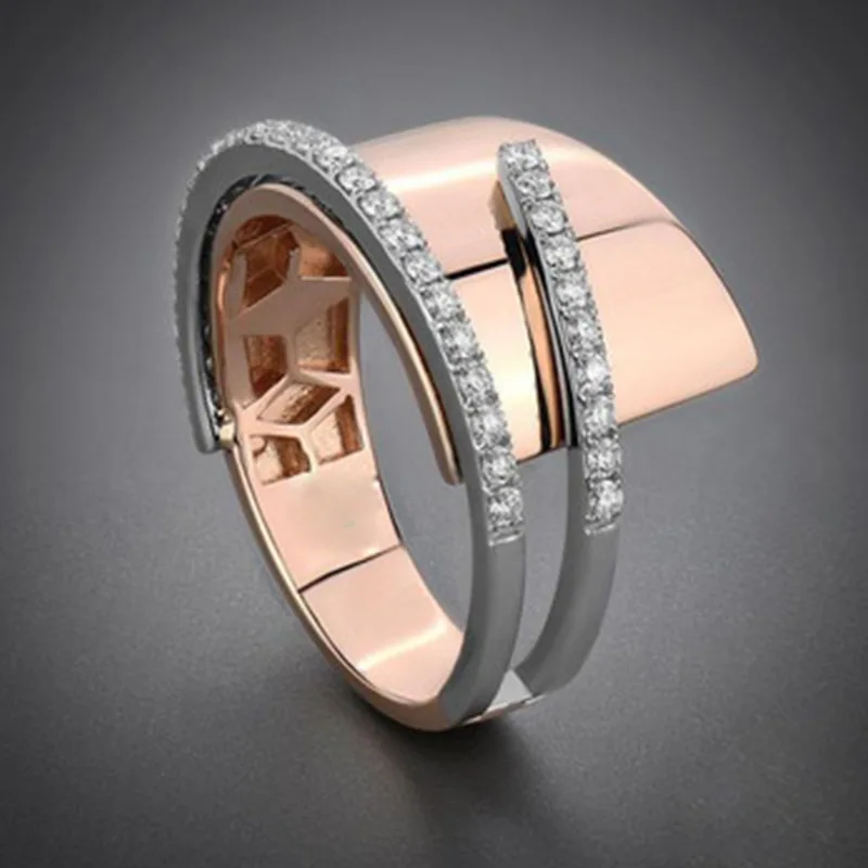 Уникальный двухцветный заполненный CZ горный хрусталь Обручальные кольца для женщин серебро/розовый смешанный цвет геометрические кольца для пальцев Клубная одежда ювелирные изделия
