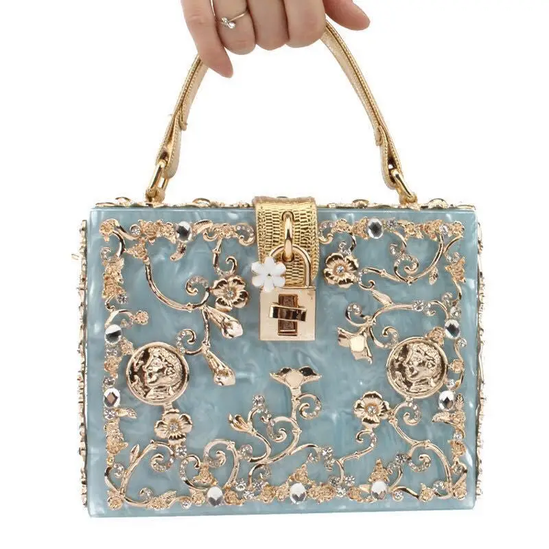 Модная вечерняя сумочка в коробке, клатч с цветком из бриллиантов, роскошная акриловая Сумочка, вечерние сумочки для банкета, женская сумка на плечо с клапаном - Цвет: blue