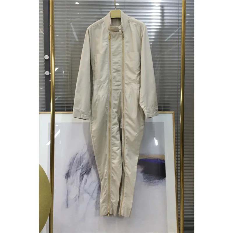 Женский Повседневный однотонный комбинезон на двойной молнии с длинным рукавом |