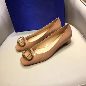 

American metal ring high heels in spring 2020 women's patent leather comfortable thick heel shallow mouth single shoes