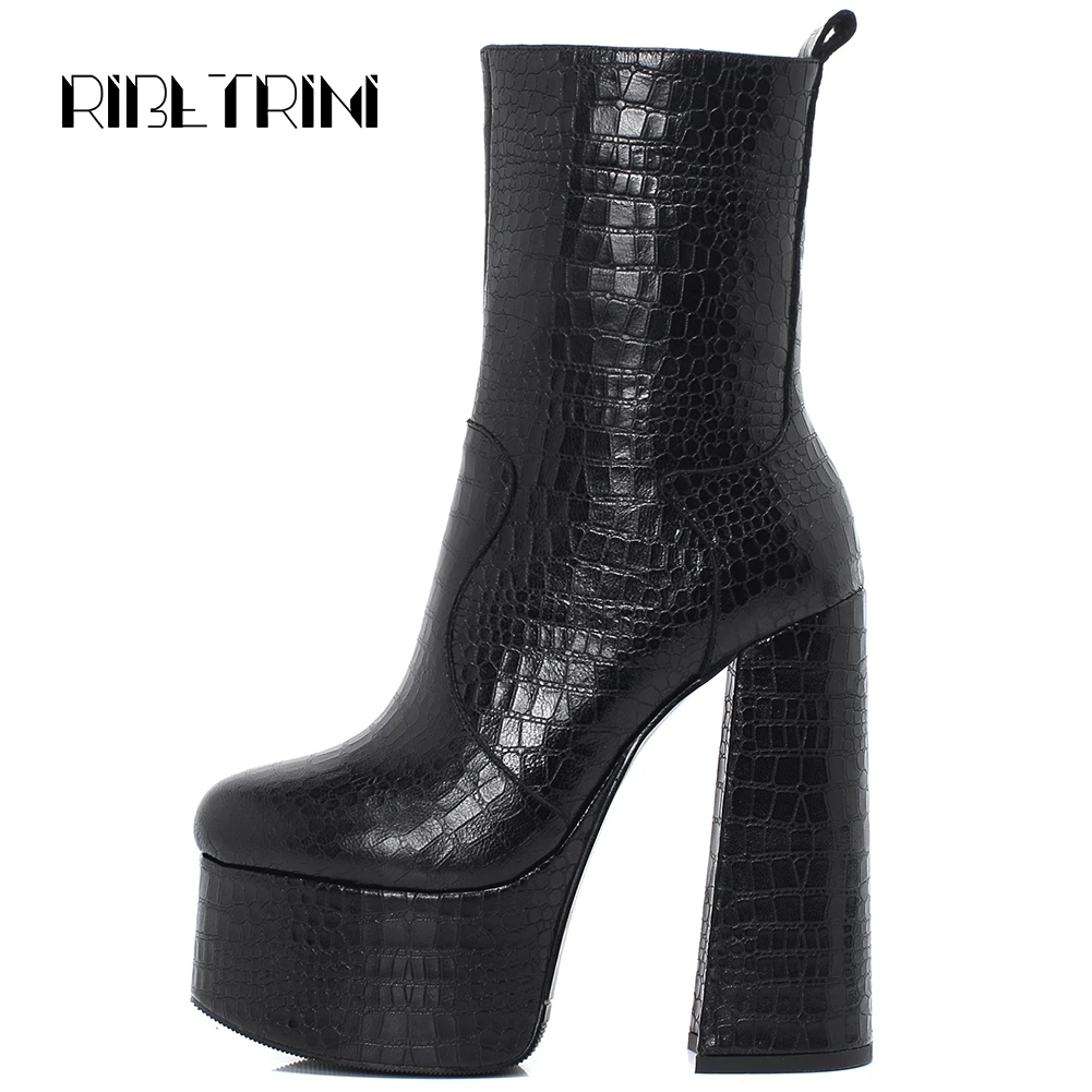 

RIBETRINI Brand Design Platform Boots For Women Genuine Leather Shoes Woman Thick Heel Round Toe Platform Mid Calf Boots Women