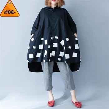 

Shirts Women Blouse Long Sleeve Cotton Top Autumn Femme Lady Large Loose Clothing Print Spliced Pleated Plus Size Black