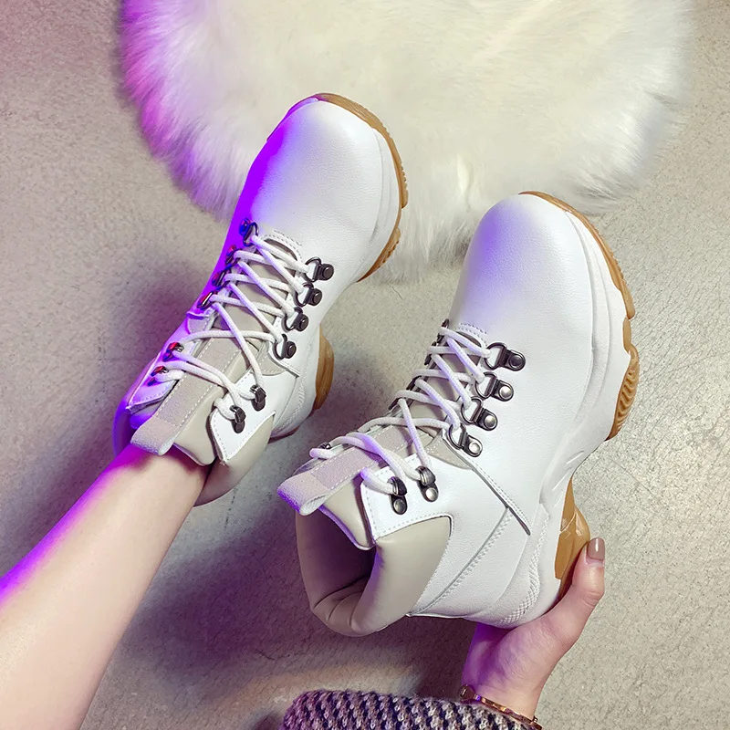 Fujin/зимняя бархатная белая обувь; Прямая поставка; женские ботинки на толстой подошве; повседневные зимние ботинки; женские Теплые весенние ботинки из хлопка - Цвет: Белый