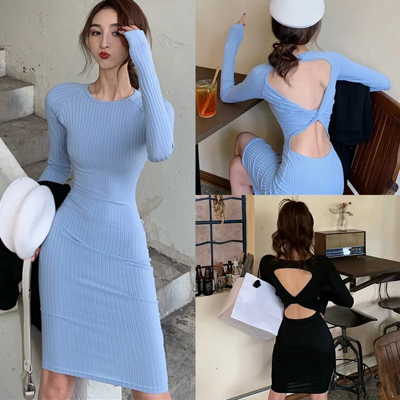 

Autumn Sexy Dress Women Backless Twirling Slim Thin Long-sleeved Tight Solid Color Knitted Vestidos