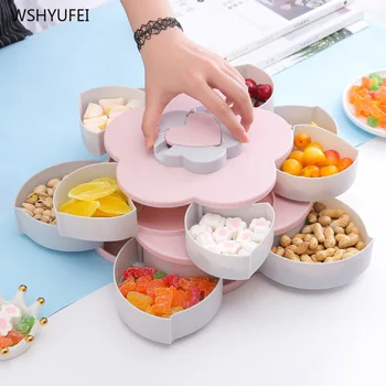 

Rotating blossom Petal snack Box food storage container Double Layer Fruit Plate Candy snacks dispenser Kitchen Tableware