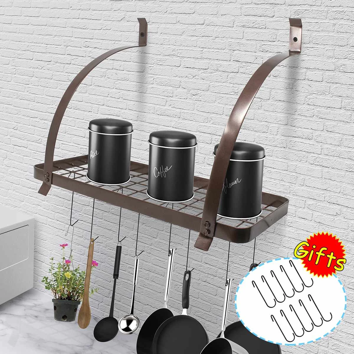 

Bronze Iron 8 Hooks Pan Holder Hanging Bathroom Hanger Kitchen Organizer Multi-use Shelf Cup Bowl Pot Storage Rack Home Decor