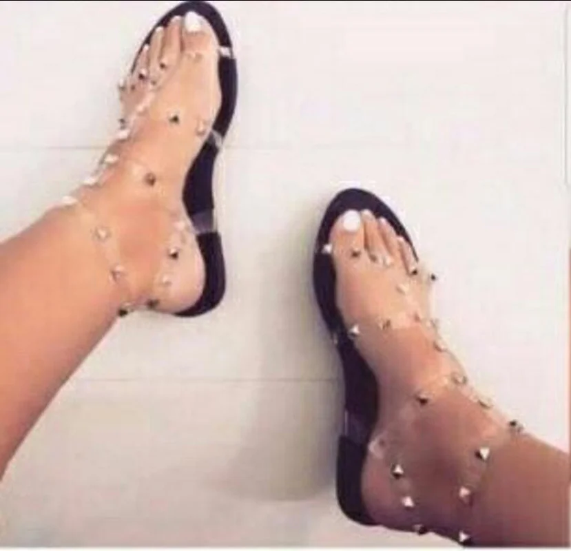 Sandalias mujer/женские летние сандалии на плоской подошве Прозрачные панк-рок заклепки