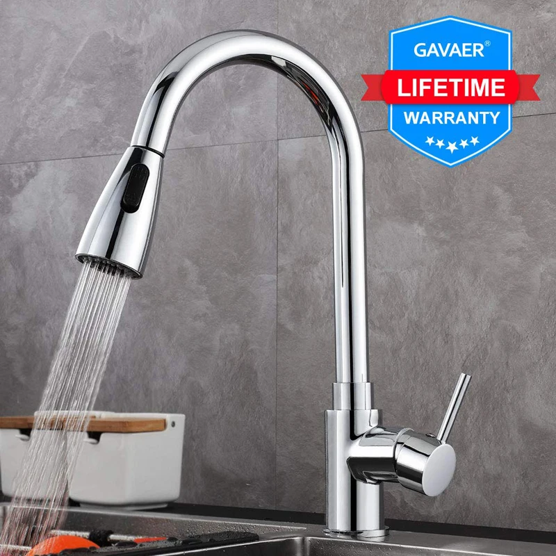 

Gavaer Silver Single Handle Pull Out Spout Kitchen Taps Single Hole Handle Swivel 360 Degree Water Mixer Tap Dual Mode Effluent